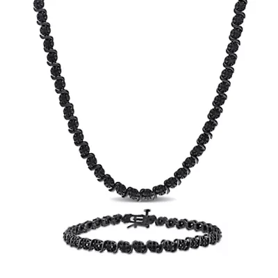 Black Diamond Tennis Bracelet & Necklace in Sterling Silver - 17 in
