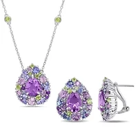 2-Pc Set of Multi-Gemstone Cluster Earrings & Necklace in Sterling Silver