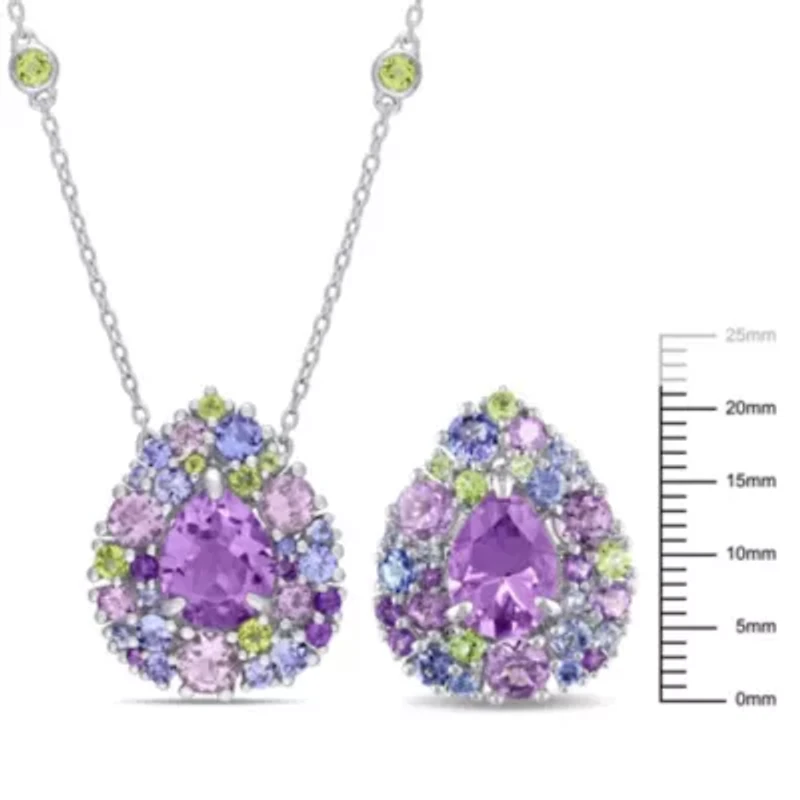 2-Pc Set of Multi-Gemstone Cluster Earrings & Necklace in Sterling Silver