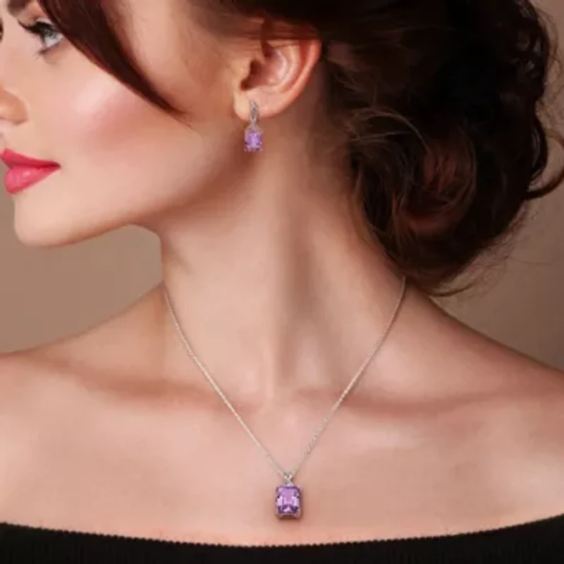 2-Pc Set of Amethyst & White Topaz Twisted Solitaire Earrings & Pendant with Chain in Sterling Silver
