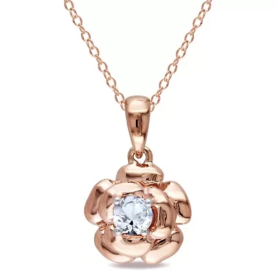 Lab Created Created White Sapphire Floral Solitaire Pendant with Chain in Rose Plated Sterling Silver