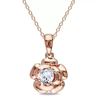 Lab Created Created White Sapphire Floral Solitaire Pendant with Chain in Rose Plated Sterling Silver