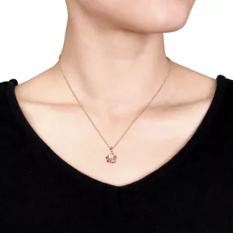 Lab Created Created White Sapphire Floral Solitaire Pendant with Chain in Rose Plated Sterling Silver