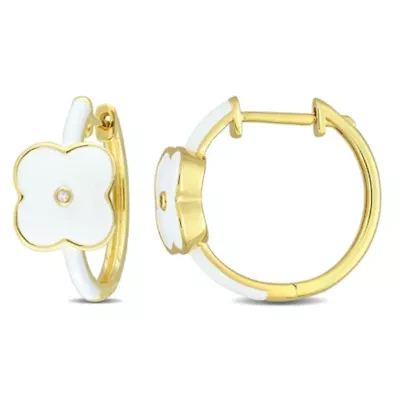 Lab Created Created White Sapphire Floral White Enamel Hoop Earrings in Yellow Plated Sterling Silver