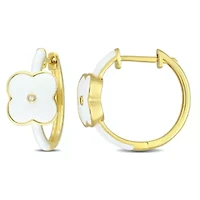 Lab Created Created White Sapphire Floral White Enamel Hoop Earrings in Yellow Plated Sterling Silver