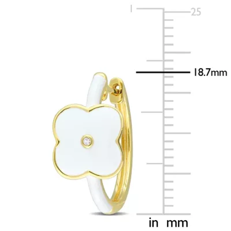 Lab Created Created White Sapphire Floral White Enamel Hoop Earrings in Yellow Plated Sterling Silver