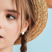Lab Created Created White Sapphire Floral White Enamel Hoop Earrings in Yellow Plated Sterling Silver