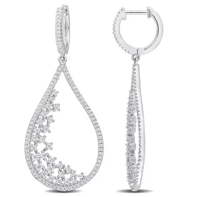 Lab Created Created Moissanite Filigree Design Teardrop Hoop Earrings in Platinum Plated Sterling Silver