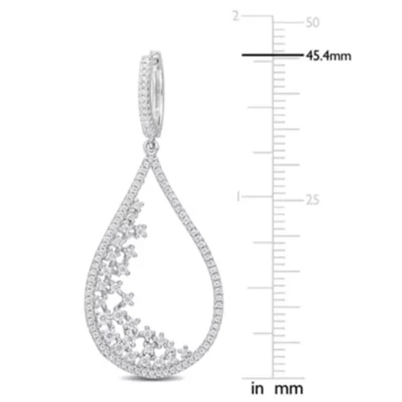 Lab Created Created Moissanite Filigree Design Teardrop Hoop Earrings in Platinum Plated Sterling Silver