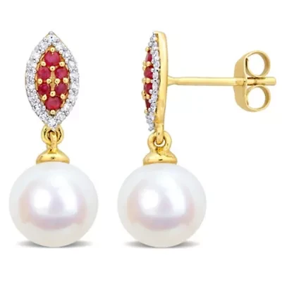 8MM Freshwater Cultured Pearl and Ruby with 1/7 ct. t.w. Diamond Halo Drop Earrings in 14K Yellow Gold