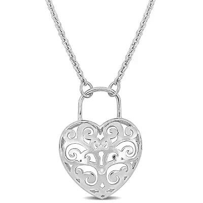 Heart Lock Charm Pendant with Chain in Sterling Silver