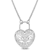Heart Lock Charm Pendant with Chain in Sterling Silver