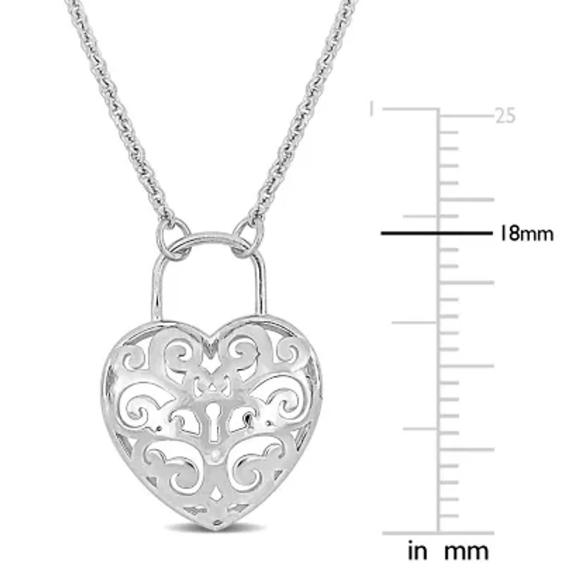 Heart Lock Charm Pendant with Chain in Sterling Silver