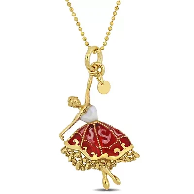 Red and White Enamel Dancer Necklace in Yellow Plated Sterling Silver
