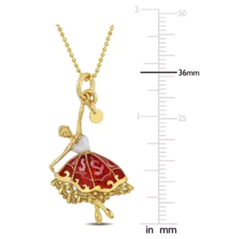 Red and White Enamel Dancer Necklace in Yellow Plated Sterling Silver