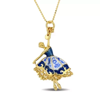 Blue and White Enamel Dancer Charm Necklace in Yellow Plated Sterling Silver