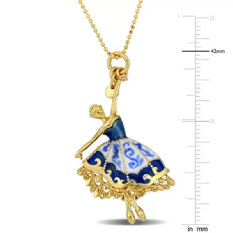Blue and White Enamel Dancer Charm Necklace in Yellow Plated Sterling Silver