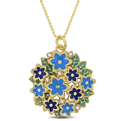 Turquoise, Blue Green Enamel Flower Charm Necklace in Yellow Plated Sterling Silver
