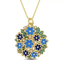 Turquoise, Blue Green Enamel Flower Charm Necklace in Yellow Plated Sterling Silver