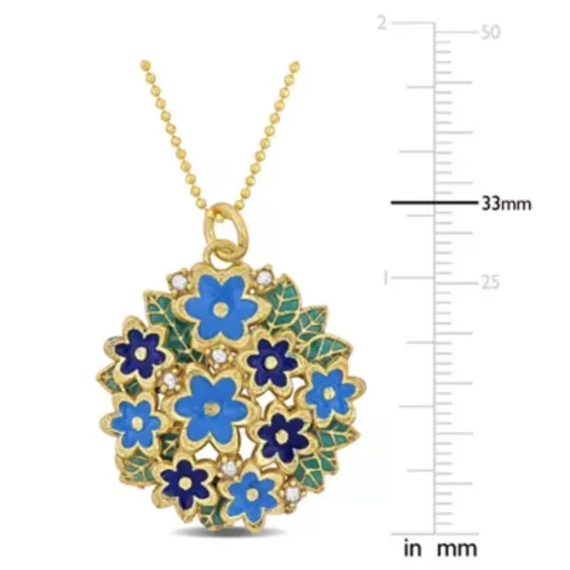 Turquoise, Blue Green Enamel Flower Charm Necklace in Yellow Plated Sterling Silver