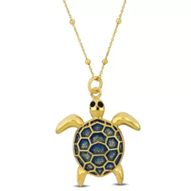 Blue Enamel Tortoise Charm Station Necklace in Yellow Plated Sterling Silver