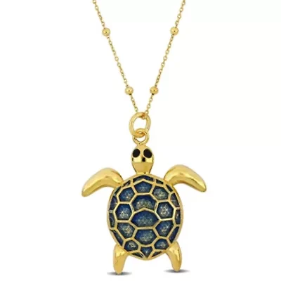 Blue Enamel Tortoise Charm Station Necklace in Yellow Plated Sterling Silver
