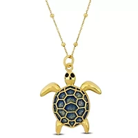 Blue Enamel Tortoise Charm Station Necklace in Yellow Plated Sterling Silver