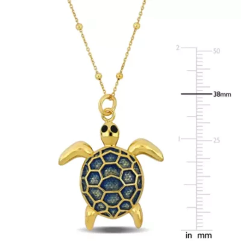 Blue Enamel Tortoise Charm Station Necklace in Yellow Plated Sterling Silver