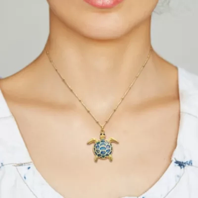 Blue Enamel Tortoise Charm Station Necklace in Yellow Plated Sterling Silver