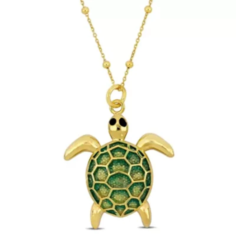 Green Enamel Tortoise Charm Station Necklace in Yellow Plated Sterling Silver
