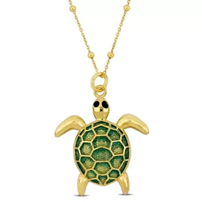 Green Enamel Tortoise Charm Station Necklace in Yellow Plated Sterling Silver