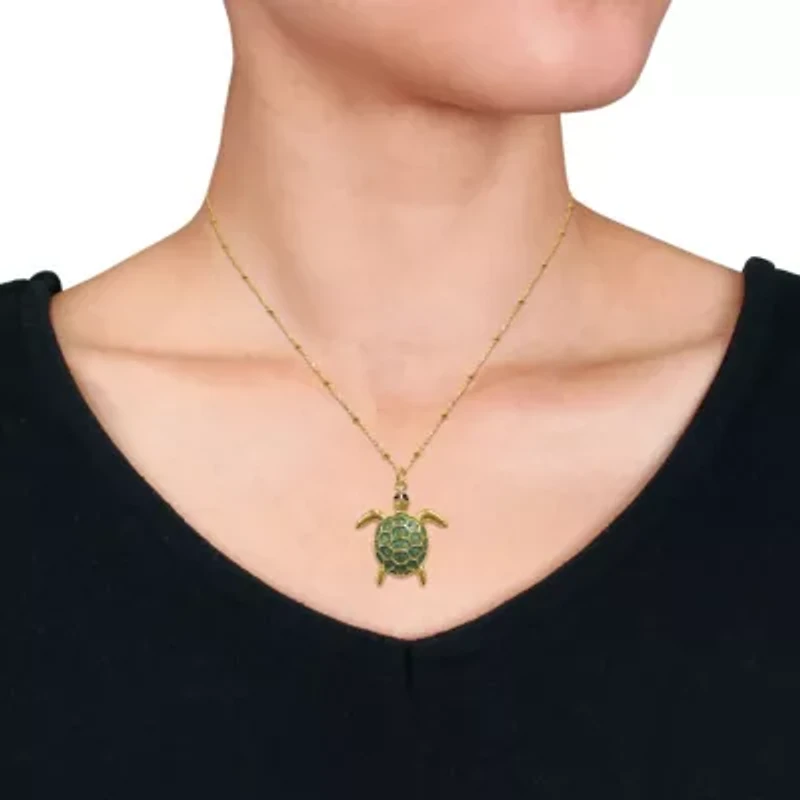 Green Enamel Tortoise Charm Station Necklace in Yellow Plated Sterling Silver