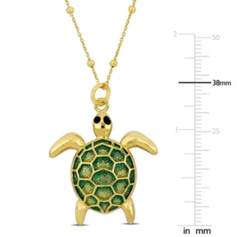 Green Enamel Tortoise Charm Station Necklace in Yellow Plated Sterling Silver