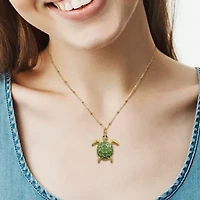 Green Enamel Tortoise Charm Station Necklace in Yellow Plated Sterling Silver