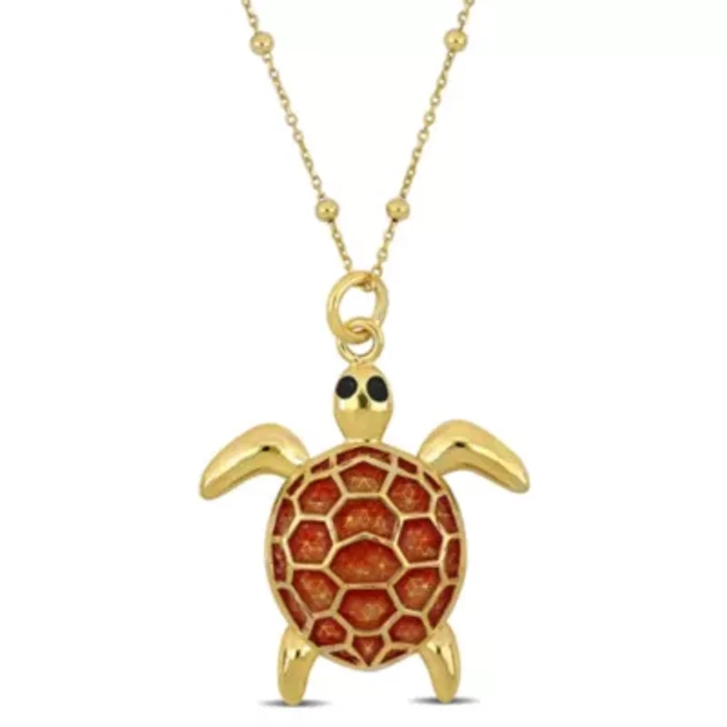 Red Enamel Tortoise Charm Station Necklace in Yellow Plated Sterling Silver