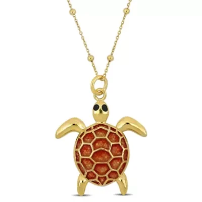 Red Enamel Tortoise Charm Station Necklace in Yellow Plated Sterling Silver