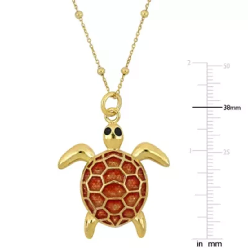 Red Enamel Tortoise Charm Station Necklace in Yellow Plated Sterling Silver