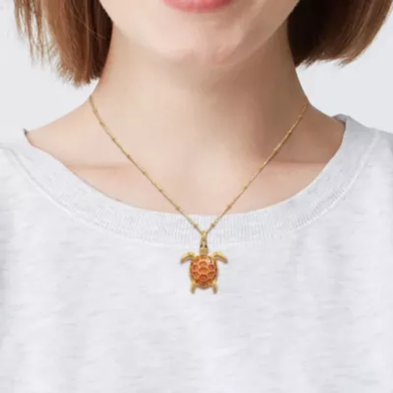 Red Enamel Tortoise Charm Station Necklace in Yellow Plated Sterling Silver