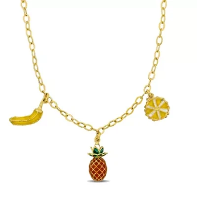 Banana Pineapple Lemon Enamel Charm Station Necklace in Yellow Plated Sterling Silver
