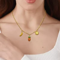 Banana Pineapple Lemon Enamel Charm Station Necklace in Yellow Plated Sterling Silver