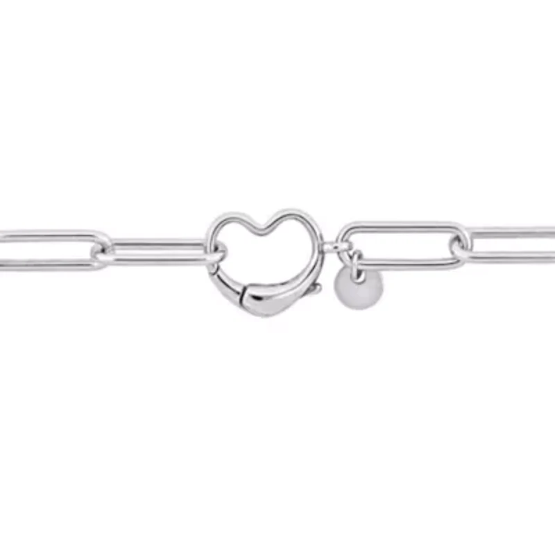 Paper Clip Link Bracelet with Heart Clasp in Sterling Silver - 7"