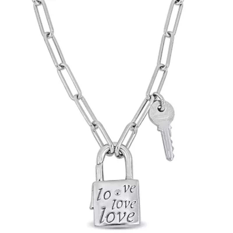 Paper Clip Link Necklace with Lock & Key Clasp in Sterling Silver - 18"