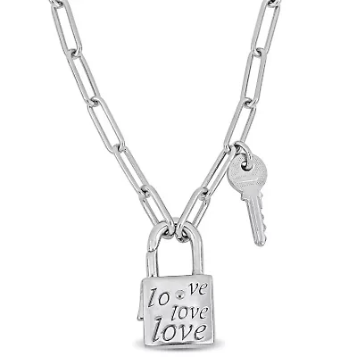 Paper Clip Link Necklace with Lock & Key Clasp in Sterling Silver - 18"