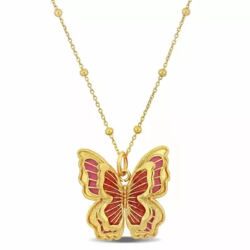 Pink Enamel Butterfly Charm Station Necklace in Yellow Plated Sterling Silver