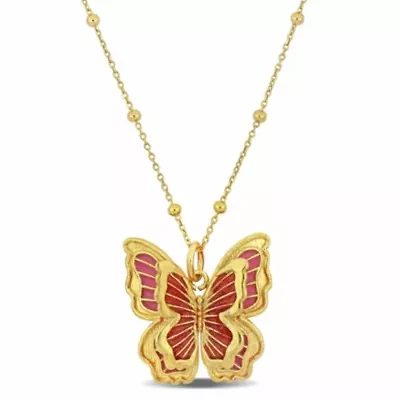 Pink Enamel Butterfly Charm Station Necklace in Yellow Plated Sterling Silver