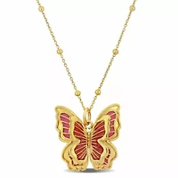 Pink Enamel Butterfly Charm Station Necklace in Yellow Plated Sterling Silver