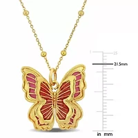 Pink Enamel Butterfly Charm Station Necklace in Yellow Plated Sterling Silver