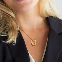 Pink Enamel Butterfly Charm Station Necklace in Yellow Plated Sterling Silver