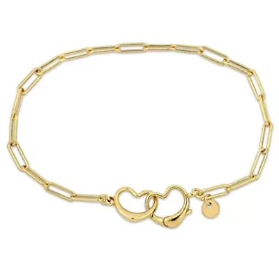 Paper Clip Link Bracelet with Double Heart Clasp in Yellow Plated Sterling Silver - 7.5"