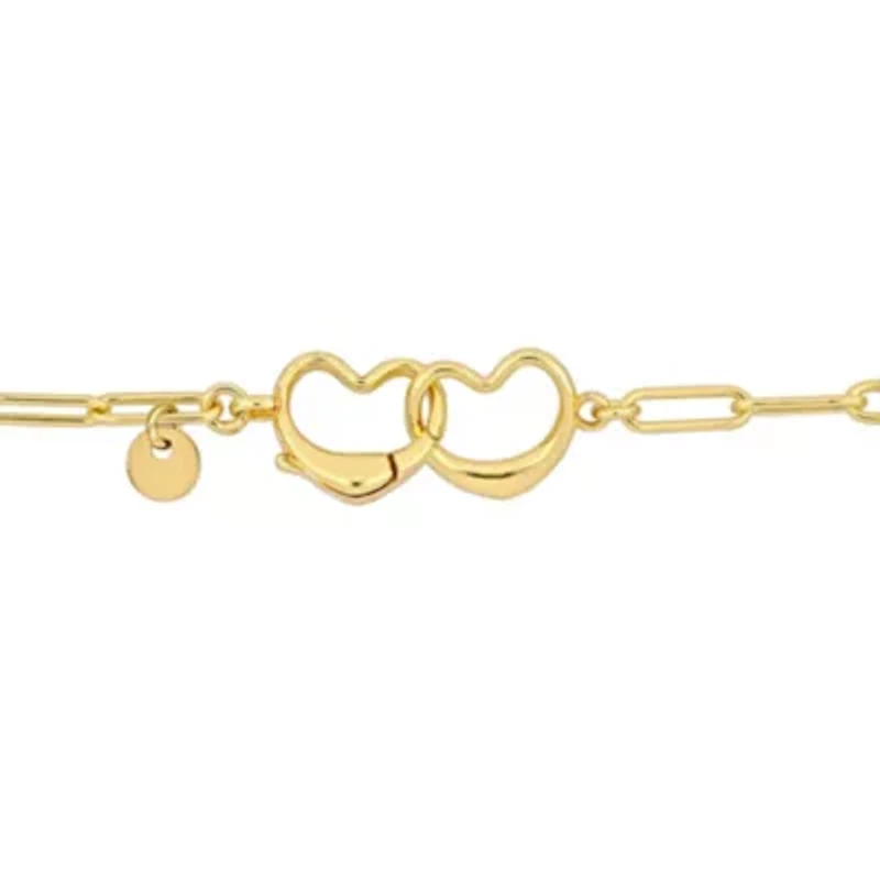 Paper Clip Link Bracelet with Double Heart Clasp in Yellow Plated Sterling Silver - 7.5"